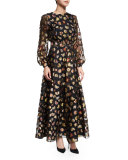 Long-Sleeve Floral Peasant Gown, Multi Colors