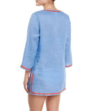 Talisay Embroidered Linen Coverup Tunic, Blue/Poppy