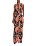 Sleeveless Bird-Print Wide-Leg Jumpsuit, Black/Red