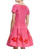 Short-Sleeve Embroidered Cocktail Dress, Guava