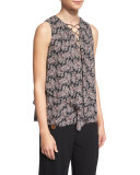 Sleeveless Floral Silk Lace-Up Top, Black/Multicolor