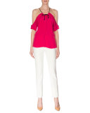 Cold-Shoulder Slim-Fit Blouse, Magenta