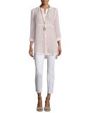 Long-Sleeve Button-Front Linen Mesh Top, Opal