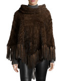 Mink Fur Cowl-Neck Fringe Poncho, Brown
