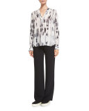 Cascade-Print Split-Neck Silk Top