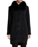 Textured Fox-Trim Coat, Charcoal/Black