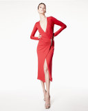 Long-Sleeve Drape Dress, Lacquer