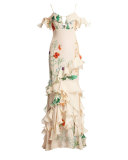 La Santa Maria Ruffled Floral Gown, White