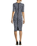 Leopard-Print Half-Sleeve Midi Dress, Optic White/Black