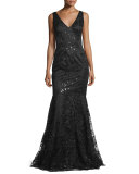 Sleeveless Beaded Embroidered Mermaid Gown, Black