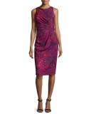 Sleeveless Printed Ruched Sheath Dress, Orchid/Multicolor