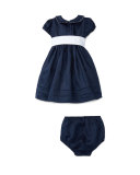 Cap-Sleeve Fit-and-Flare Ramie Dress w/ Bloomers, Blue, Size 9-24 Months
