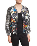 Sequin-Sleeve Monkey-Print Bomber Jacket, Silver