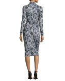 Long-Sleeve Ruched Leopard-Print Jersey Dress, Black/Gray