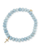 Blue African Opal Faceted Rondelle Bracelet w/ 14K Yellow Gold Cross Charm