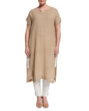 Drappo Short-Sleeve Long Linen Dress W/ Side Slits, Plus Size