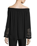 Karalee Long-Sleeve Off-the-Shoulder Silk Blouse, Black