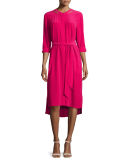 Long-Sleeve Belted Silk Shirtdress, Petite