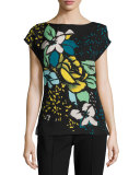 Aquarelle-Print Cap-Sleeve Shell, Fantasy