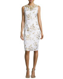 Sleeveless Floral-Print Cocktail Dress, Ivory/Gold