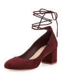 Clara Suede Ankle-Wrap Pump, Bordeaux