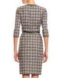 Leather-Trim V-Neck Plaid Dress, Black/Pink/Gray