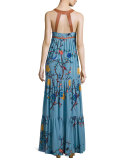 Sleeveless Tiered Botanical-Print Maxi Dress