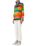 3/4-Sleeve Baseball-Net Print Blouse, Multi Colors