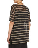 Short-Sleeve Painterly Striped Linen Top