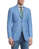 Plaid Two-Button Sport Coat, Light Blue/Aqua