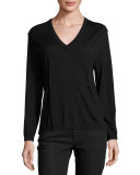 V-Neck Rockstud Pintuck Sweater, Black