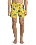 Moorea Moon Fish-Print Swim Trunks, Bouton D'or