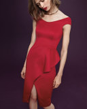 Off-the-Shoulder Draped Stretch Satin Sheath Dress, Molten