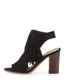 Elaine Fringe Chunky-Heel Sandal, Black