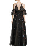 Sequoia Floral-Embroidered Cold-Shoulder Tulle Gown