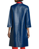 Two-Tone Leather Long Jacket, Bluebell