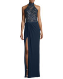 Sleeveless Mock-Neck Combo Gown, Navy