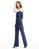Sleeveless Belted Crepe Jumpsuit, Indigo