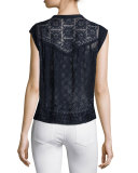 Sleeveless Embroidered Silk Top, Navy