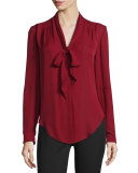 Embroidered-Sleeve Tie-Neck Blouse, Vermillion