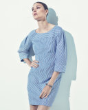 Pinstripe Boat-Neck Tunic Dress, Blue/White