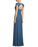Cap-Sleeve Ruched Chiffon Gown