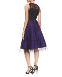 Mesh-Inset Belted Fit-And-Flare Combo Dress