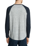 Colorblock Raglan-Sleeve Linen Henley T-Shirt, Heather Gray