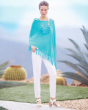 Bateau-Neck Poncho W/Fringe Trim