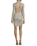 Long-Sleeve Sequined Sheath Dress, Champagne