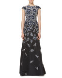 Floral Patchwork Cap-Sleeve Gown, Black/Navy