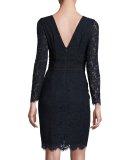 Viera Lace Long-Sleeve V-Neck Cocktail Dress, Deep Night/Black