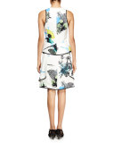 Sleeveless Ikebana-Print Peplum Dress, White/Blue/Green