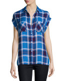 Britt Plaid Cap-Sleeve Shirt, Santorini/Royal